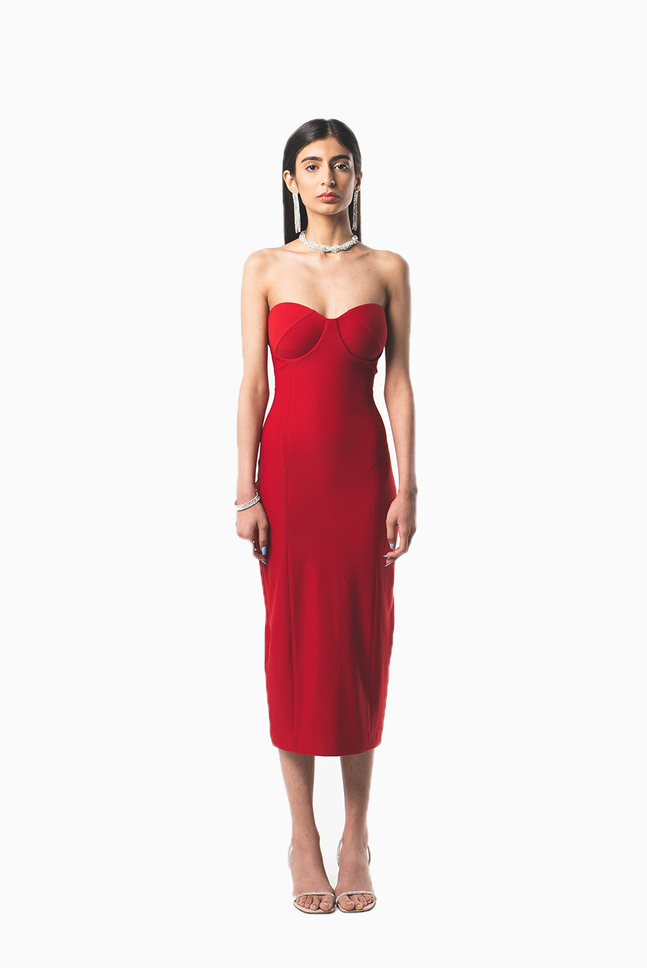 Strapless Scarlet Midi Dress